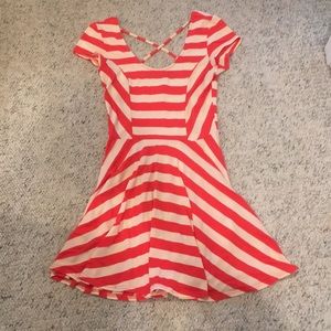 Coral and cream striped skater dress